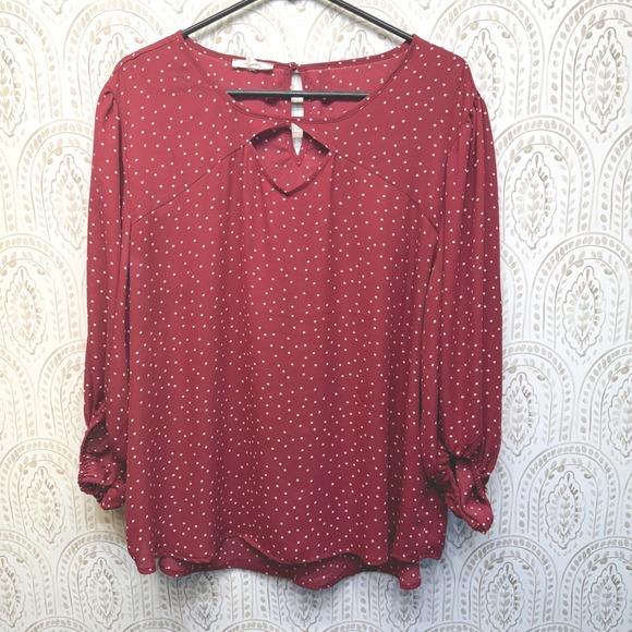 Maurices Tops - Maurices Womens XXL Burgundy Polka Dot Keyhole Long Sleeve Blouse Top Red
